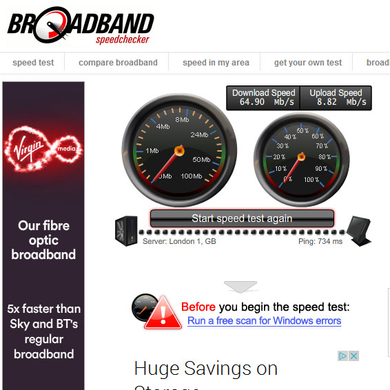 BT Infinity speed test result on Broadbandspeedchecker