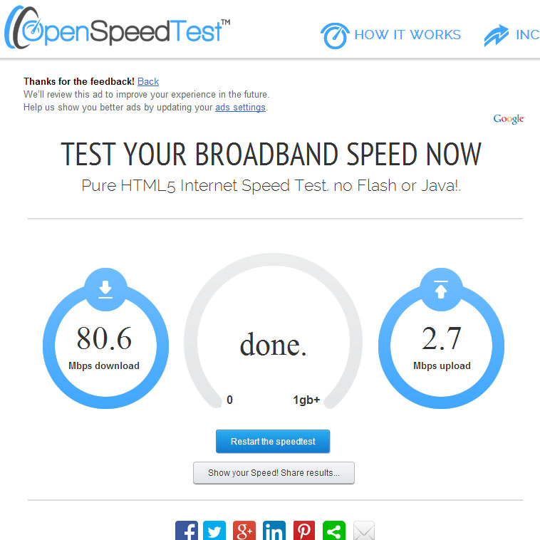 BT Infinity speed test result on Openspeedtest